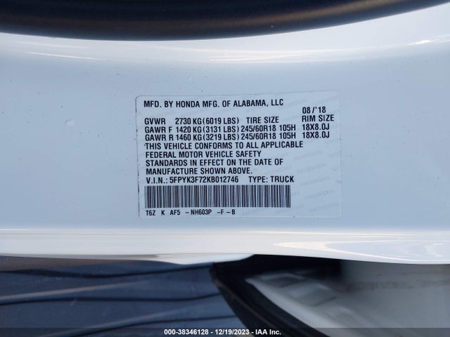 Honda Ridgeline Rtl-e 2019 5FPYK3F72KB012746 Image 9