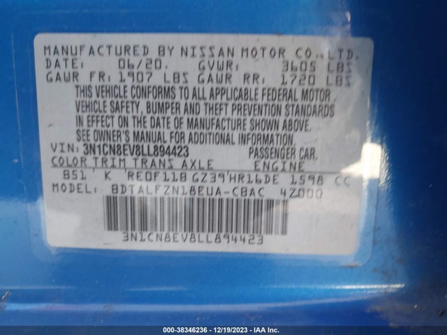 38346236 :رقم المزاد ، 3N1CN8EV8LL894423 vin ، 2020 Nissan Versa Sv Xtronic Cvt مزاد بيع