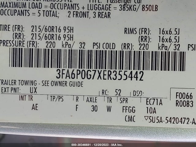 2014 FORD FUSION S VIN: 3FA6P0G7XER355442