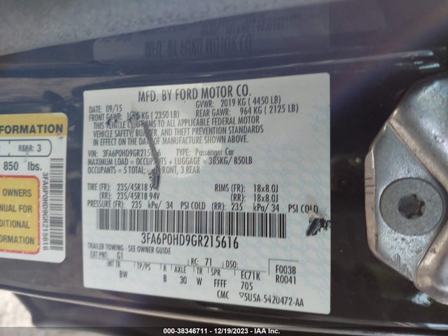 2016 FORD FUSION SE VIN: 3FA6P0HD9GR215616