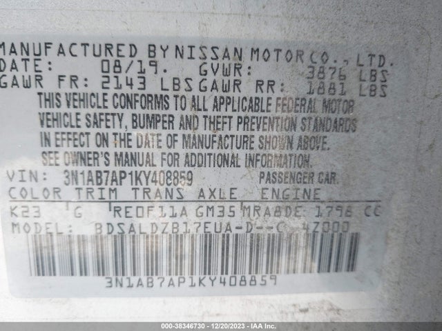 Nissan SENTRA SV 2019 3N1AB7AP1KY408859 Image 9