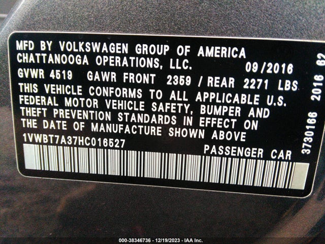 2017 VOLKSWAGEN PASSAT 1.8T SE VIN: 1VWBT7A37HC016527