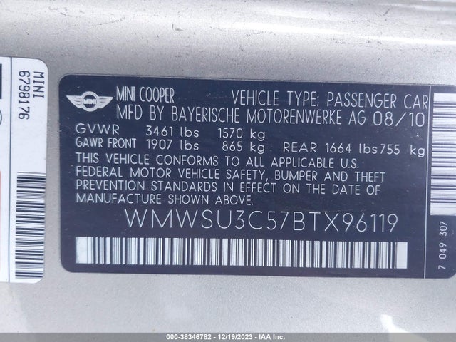 2011 MINI COOPER WMWSU3C57BTX96119 Photo 8