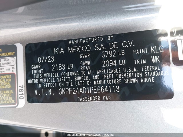 2023 KIA FORTE LXS VIN: 3KPF24AD1PE664113