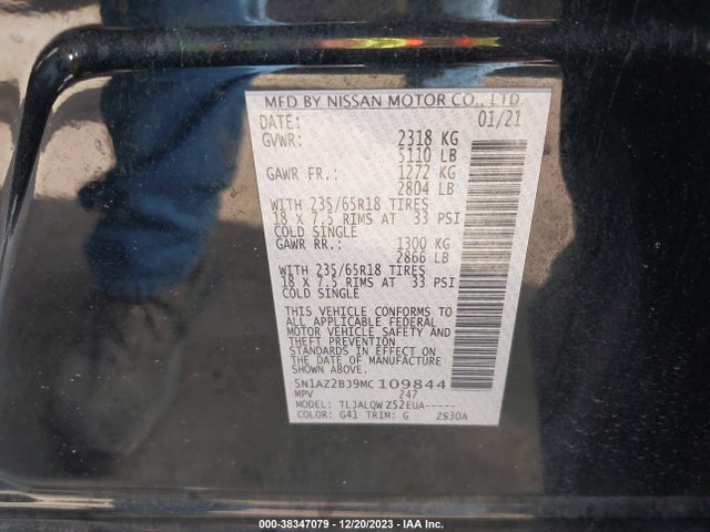 Aukcja sprzedaży 2021 Nissan Murano Sv Fwd, vin: 5N1AZ2BJ9MC109844, numer aukcji: 38347079