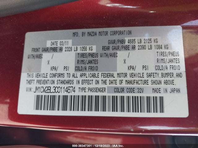 2012 MAZDA MAZDA5 SPORT VIN: JM1CW2BL3C0114674
