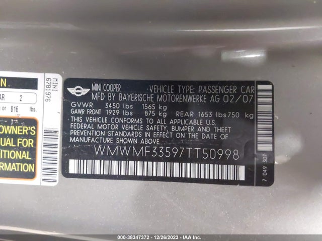 2007 MINI COOPER WMWMF33597TT50998 Photo 8