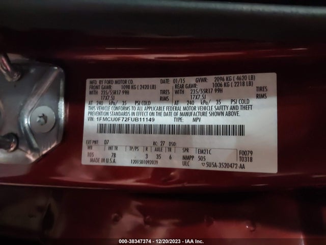 2015 FORD ESCAPE S VIN: 1FMCU0F72FUB11149