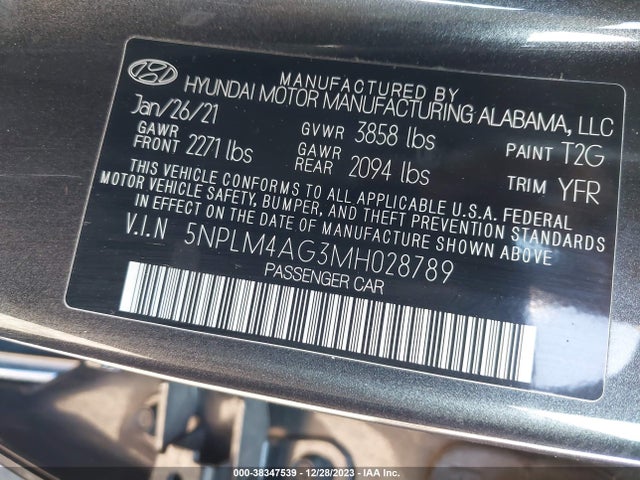 2021 HYUNDAI ELANTRA SEL VIN: 5NPLM4AG3MH028789