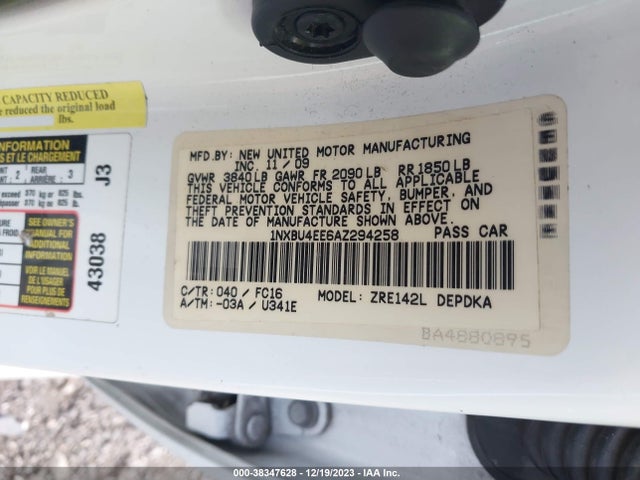 2010 TOYOTA COROLLA LE VIN: 1NXBU4EE6AZ294258