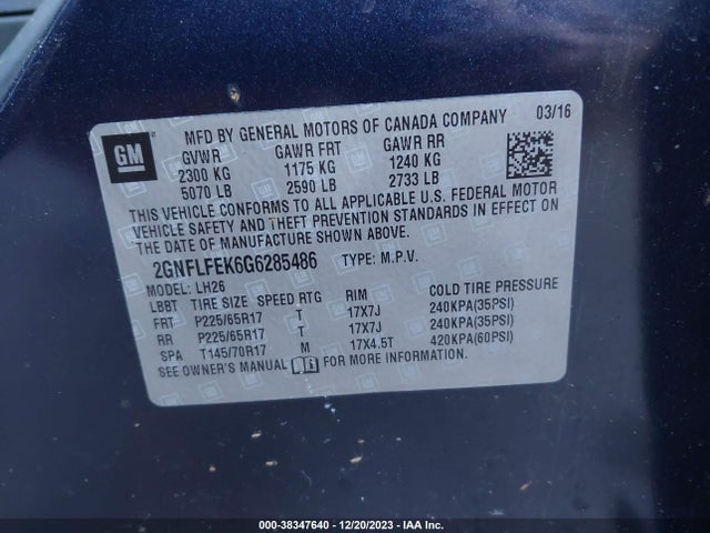 Chevrolet EQUINOX LT 2016 2GNFLFEK6G6285486 Image 9