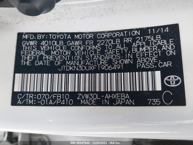 Toyota 2zr-fxe+3jm 2015 JTDKN3DUXF1906491 Image 38