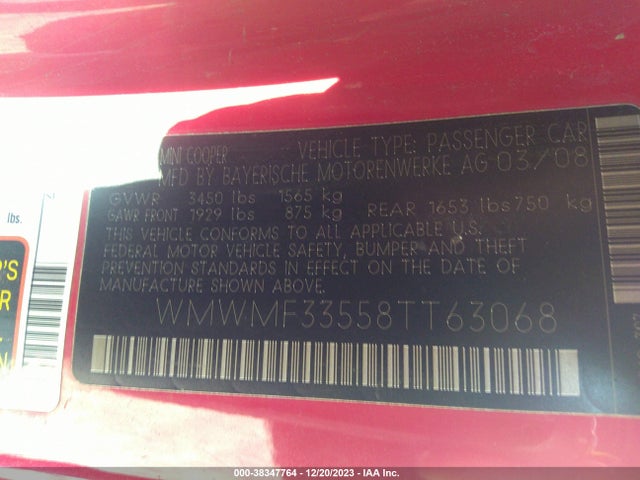 2008 MINI COOPER WMWMF33558TT63068 Photo 8