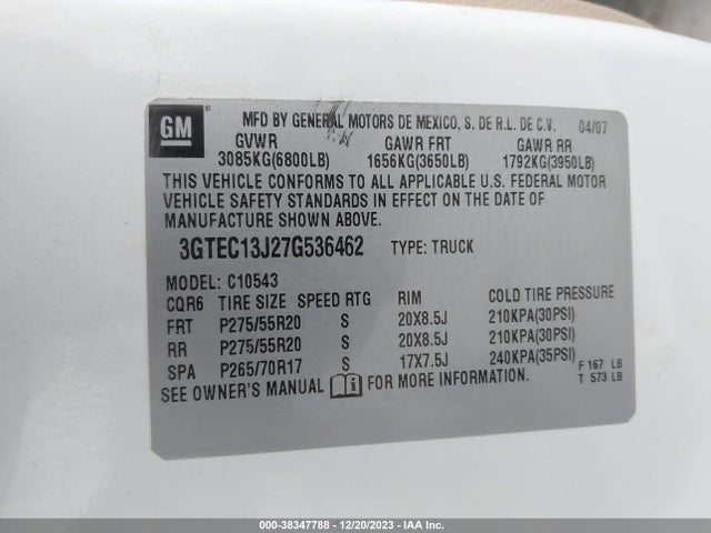 2007 GMC SIERRA 1500 SLE1 VIN: 3GTEC13J27G536462