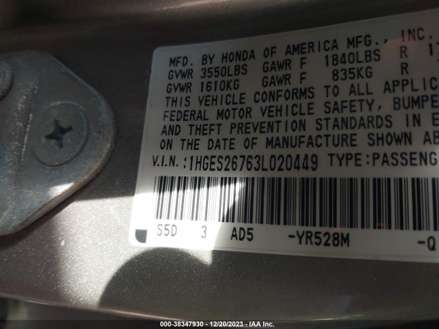 2003 HONDA CIVIC EX VIN: 1HGES26763L020449