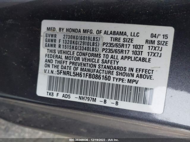5FNRL5H61FB086160 Honda Odyssey Ex-l