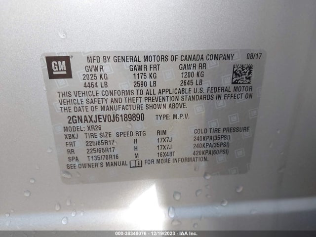 Chevrolet EQUINOX LT 2018 2GNAXJEV0J6189890 Image 9