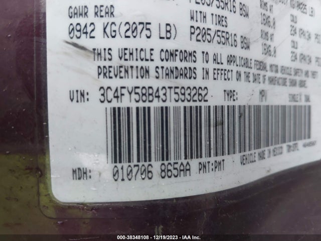 2003 CHRYSLER PT CRUISER TOURING VIN: 3C4FY58B43T593262