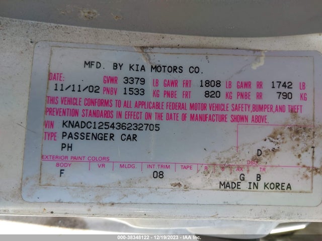 2003 KIA RIO BASE (A4)/BASE (M5) VIN: KNADC125436232705