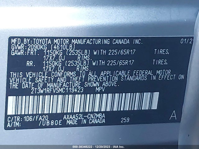 2021 TOYOTA RAV4 XLE VIN: 2T3W1RFV5MC119423