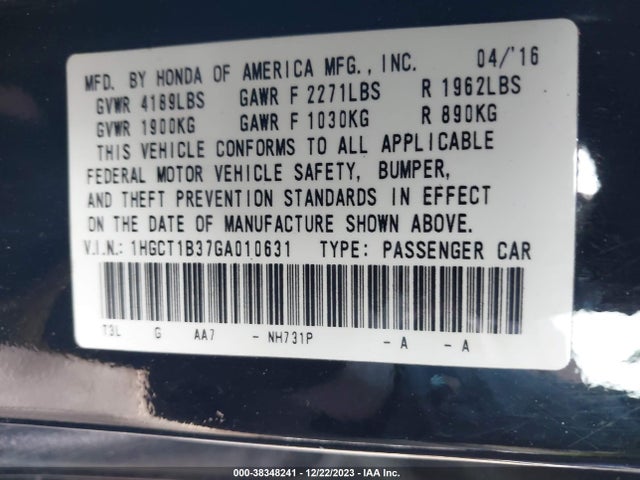 Honda Accord Lx-s 2016 1HGCT1B37GA010631 Image 9