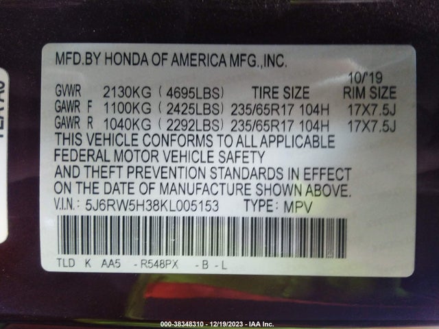 Honda CR-V LX 2019 5J6RW5H38KL005153 Image 9