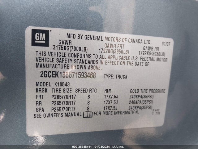 2007 CHEVROLET SILVERADO 1500 LTZ VIN: 2GCEK133671593468