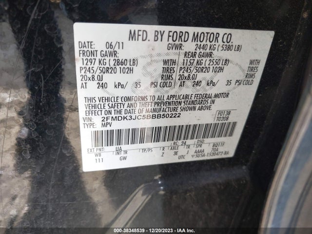 2011 FORD EDGE SEL VIN: 2FMDK3JC5BBB50222