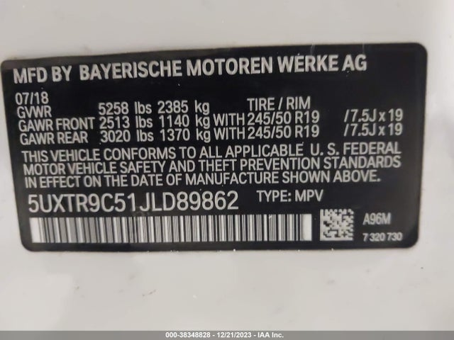 BMW X3 Xdrive30i 2018 5UXTR9C51JLD89862 Image 9