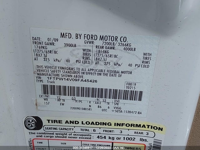 2009 FORD F-150 FX4/LARIAT/XL/XLT VIN: 1FTPW14V09FA45426