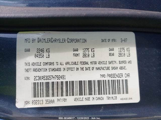 2007 CHRYSLER 300 TOURING VIN: 2C3KA53G57H792491