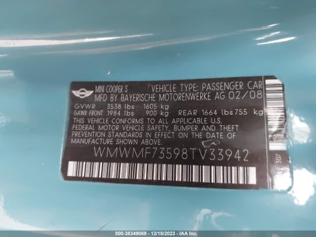 2008 MINI COOPER S WMWMF73598TV33942 Photo 8