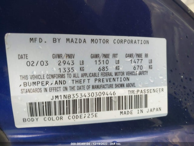 2003 MAZDA MX-5 MIATA CLOTH/LS/SE/SHINSEN VIN: JM1NB353430309446