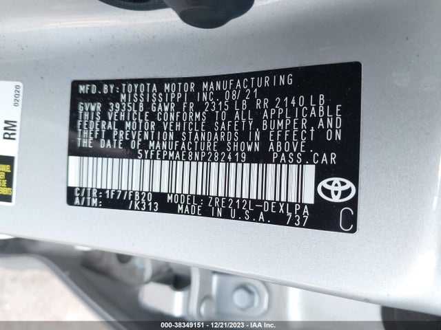 2022 TOYOTA COROLLA LE VIN: 5YFEPMAE8NP282419