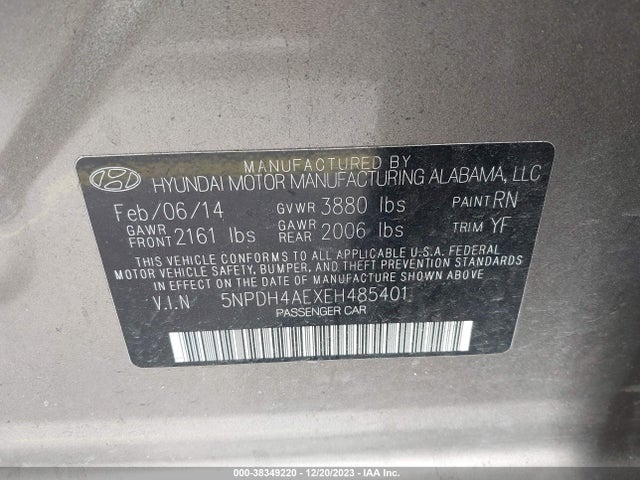 2014 HYUNDAI ELANTRA SE VIN: 5NPDH4AEXEH485401