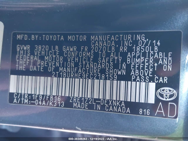 2014 TOYOTA COROLLA LE VIN: 2T1BURHE9EC218159