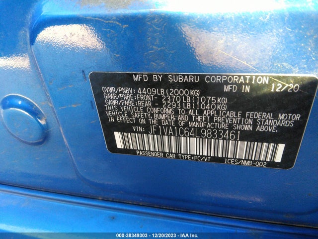 2020 SUBARU WRX PREMIUM VIN: JF1VA1C64L9833461