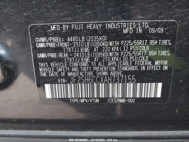 Продаж на аукціоні авто 2010 Subaru Forester 2.5x Premium, vin: JF2SH6CCXAH737155, номер лоту: 38349400