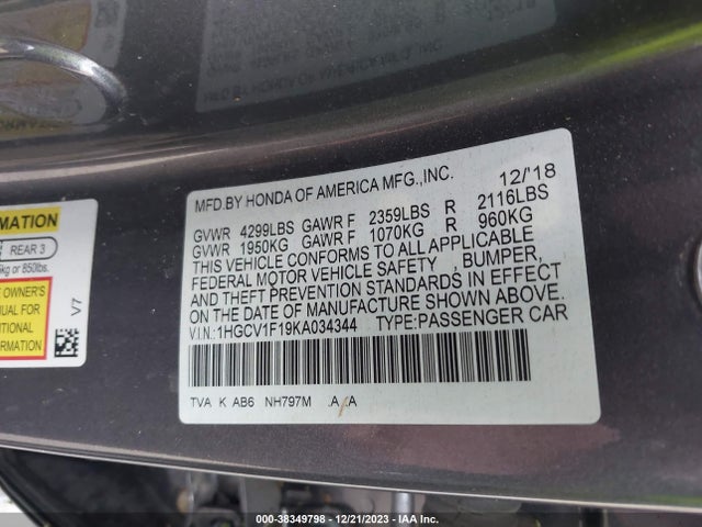 2019 HONDA ACCORD LX VIN: 1HGCV1F19KA034344
