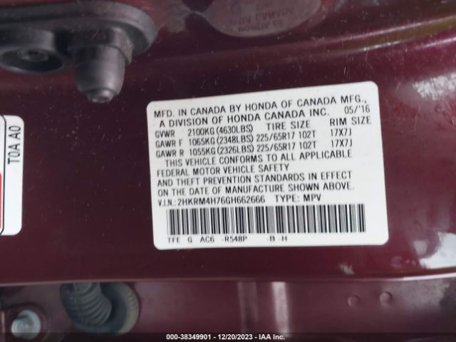 2HKRM4H76GH662666 Honda Cr-v Ex-l