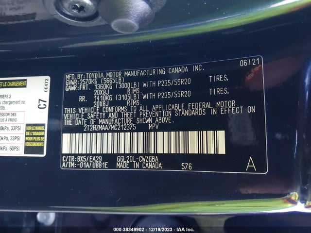 2021 LEXUS RX 350 VIN: 2T2HZMAA7MC212375
