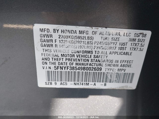 2009 HONDA PILOT EX-L VIN: 5FNYF38549B002609