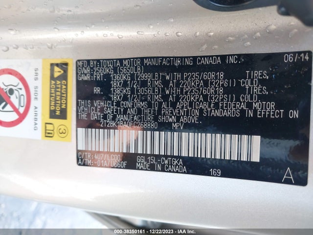 2015 LEXUS RX 350 VIN: 2T2BK1BA0FC268880