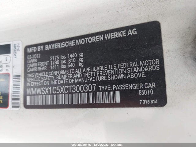 2012 MINI COOPER WMWSX1C5XCT300307 Photo 8