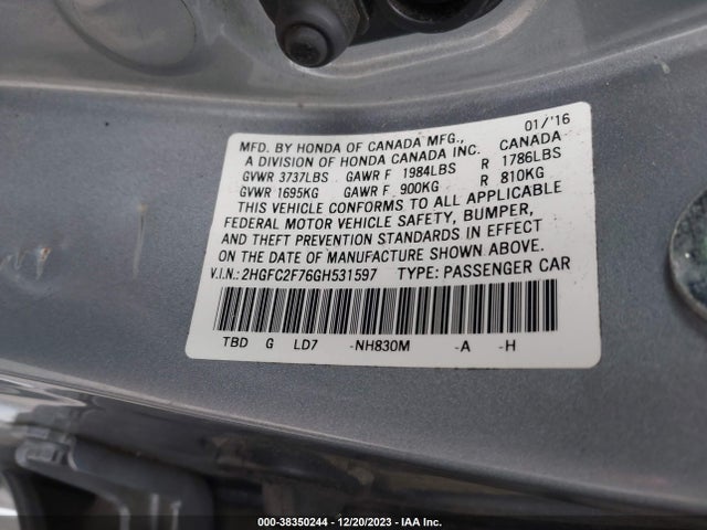Honda CIVIC EX 2016 2HGFC2F76GH531597 Image 9