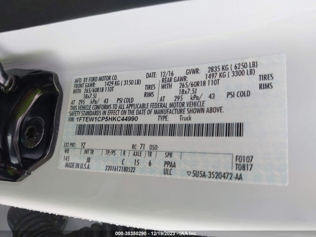 2017 FORD F-150 XLT VIN: 1FTEW1CP5HKC44990