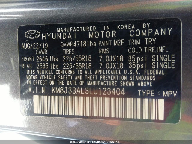 2020 HYUNDAI TUCSON SEL VIN: KM8J33AL3LU123404