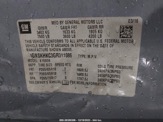 Chevrolet Suburban Lt 2016 1GNSKHKC3GR311086 Image 9