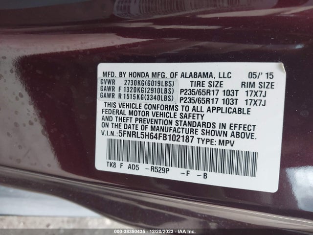 Honda Odyssey Ex-l 2015 5FNRL5H64FB102187 Image 9