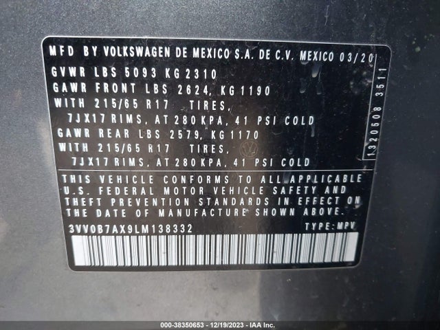 2020 VOLKSWAGEN TIGUAN 2.0T S VIN: 3VV0B7AX9LM138332